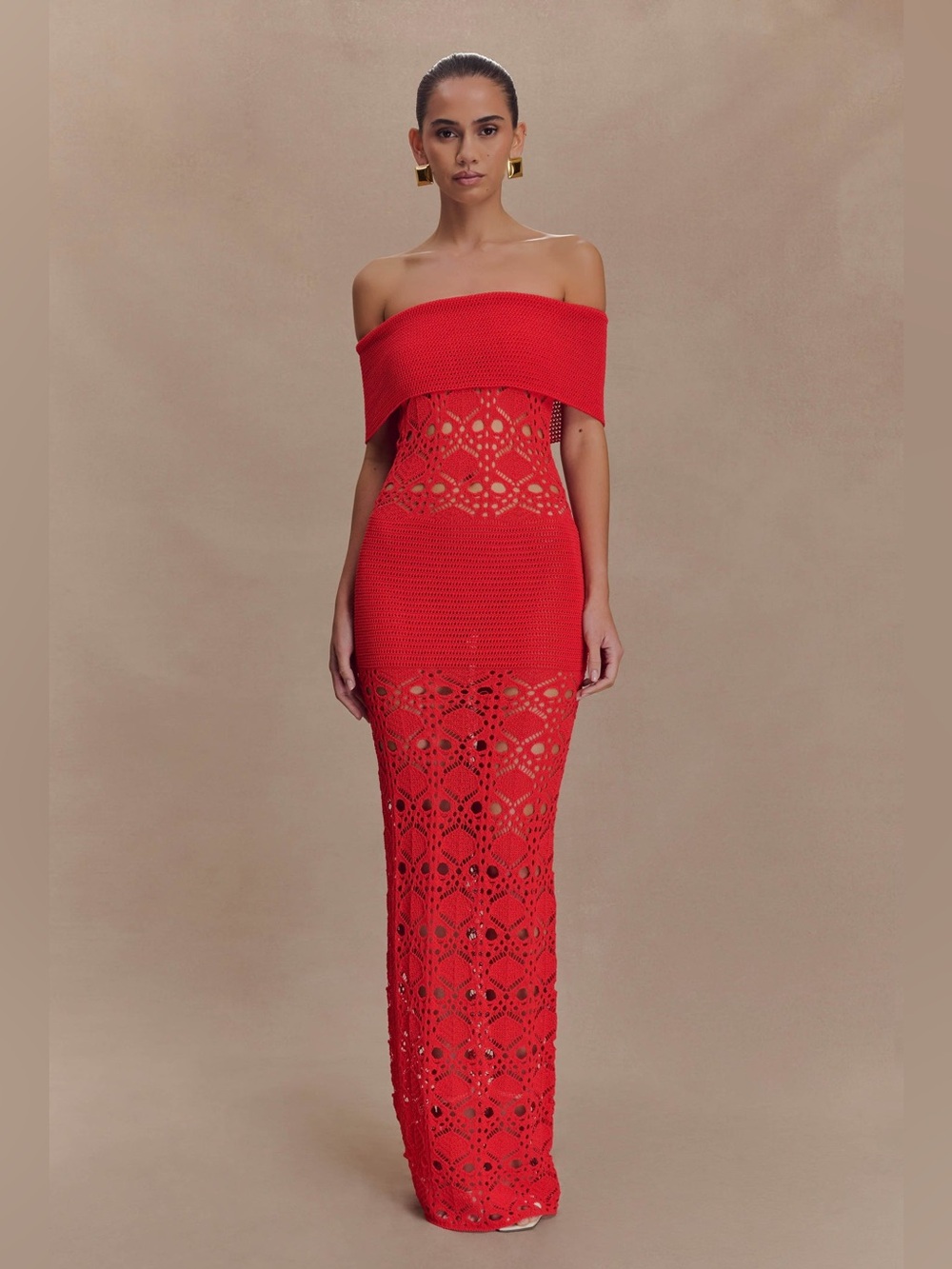 Meshki Red Crochet One-Shoulder Maxi Dress NWT